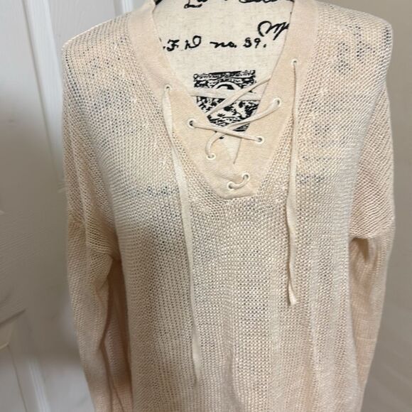 J. Crew Women Cream Lace-Up Open Knit Linen Sweater size XL Fisherman Coastal - Picture 3 of 8